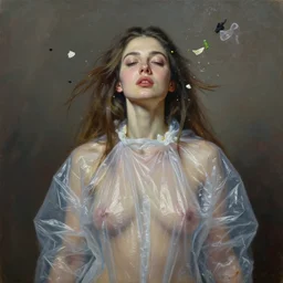 fine art portrait oil painting of a beautiful woman with long hair wearing a plastic garbage bag for clothes with garbage flying into her face, perspective, ultra detailed, elegant, intricate, dynamic lighting, hyperrealism, sharp focus, art by peter mohrbacher and donato giancola and andrei riabovitchev