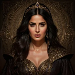 head-on centered symmetrical painted portrait, Katrina Kaif as a D&D Mage, intricate fantasy robes, dramatic lighting, intricate, fantasy, intricate, elegant, highly detailed, digital painting, smooth, sharp focus, illustration, dramatic lighting, artstation, in the style of Artgerm and Anna Podedworna