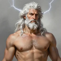 painted portrait of rugged zeus, god of thunder, greek god, white hair, masculine, mature, handsome, upper body, muscular, hairy chest, fantasy, intricate, elegant, highly detailed, digital painting, artstation, concept art, smooth, sharp focus, illustration, art by gaston bussiere and craig mullins