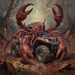 oil painting nightmare macerated clawed chaos crustacean atvs landscape fecund afraid of demon barbed footprints treads hooped around destroyed rust landscape in primoridal slimes dropping into in terrifying necrotized skins, cinematic, fine art, ornate masterpiece, by geof darrow and by alex nino