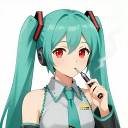 hatsune miku high on weed with bloodshot eyes smoking weed with a vape pen. simple anime artstyle