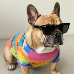 a brown french bulldog wearing a colourful shirt and rayban sunglasses, nice, relaxing, brilliant colors