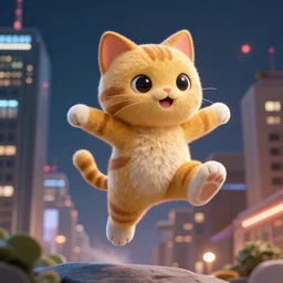 hyperrealistic 3d animation hyper detailed choonky catman jumping, backrgound the city at night concept art pascal blanche sharp cinematic lighting 8k low angle shallow depth of field