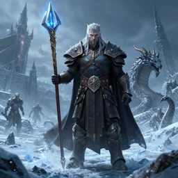 the lich king with sindragosa on a frozen battlefield trending on artstation