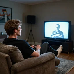 a couch sitting being relaxing and watching a glowing television, professional photography, highly detailed, stunning lighting, artstation, realistic face and anatomy, by banksy and shepard fairey and thomas kinkade and greg rutkowski