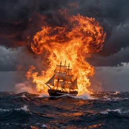 burning ocean, storm, dramatic sky, waves, flame, small sail ship, hyperrealistic, highly detailed, fractal,