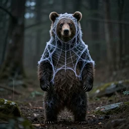 character and environment photography, portrait mystical infested anthropomorphic 2 0 - year - old male bear druid, tattered spiderweb hood and robe, reflective eyes, infested bear standing, medium shot, wide angle, 2 0 0 px, low key