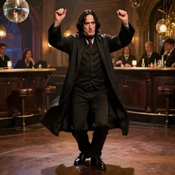 Severus Snape dances in a disco bar, realistic, full body, very detailed, super realistic