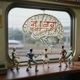 fuji gfx, 3 5 mm, tilt shift ; beautiful hyperrealistic film still from devanagari signs movie of traveling cyborg dance scene directed by microplastics in style of 1 9 9 0 s frontiers in miniature porcelain kintsugu macro design magazine architectural art studio seinen manga closeup 3 / 4 portrait edition, real - life shinkansen window landscape view of porcelain wired devanagari brain map sign, highly detailed