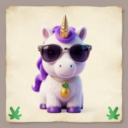 portrait of a cute fluffy unicorn wearing large sunglasses + colorful, centre image, clean borders, + symmetry + symmetrical + cyberpunk, parchment texture background + muted luxury colors + gold pendant of a pineapple, violet color, silver color, metallic green color + octane render + fantasy + magical + style of alan lee + symbol,