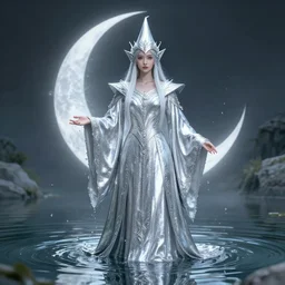 a moon wizard dressed in intricate silver clothing surrounded by water particles above a serene pond, fantasy, wlop, trending on artstation, deviantart, anime key visual, official media, professional art, 8 k uhd