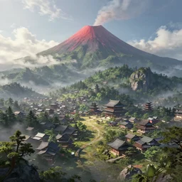 a powerful japanese village high in mountains, volcano, concept art, fantastic landscape, unreal engine 5 render, 8 k