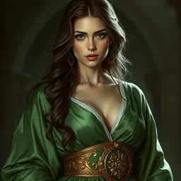 portrait of alison brie as a beautiful wizard wearing a satin green robe and ornate gold belt, photorealistic, highly detailed, mysterious lighting, artstation, smooth, sharp focus, art by michael whelan, artgerm, greg rutkowski and luis royo