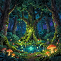 a sanctuary in an enchanted forest, moss, a large tree in the middle with a glow, pond, glowing mushrooms, night, glowing lights, epic fantasy, colorfully, digital art, highly saturated colors, concept art, detailed illustration, hd, 4 k, digital art, greg rutkowski, dan mumford, studio ghibli trending on artstation
