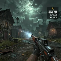 a first person shooting game screenshot from a game about lovecraftian horror town game, realistic, ultra setting, highly detailed, fps game, game of the year - w 1 0 2 4