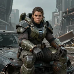 character portrait of a bulky female warrior wearing mjolnir mk 6 armor from halo sitting down on a broken car in a desolate cyberpunk wasteland city, symmetrical face details, realistically rendered eyes, photrealistic eyes, 8 k, fine details, ultra realistic, realistic shading, concept art, digital painting, illustration, matte painting, moody lighting, sharp focus, minimal artifacts, john singer sargent, william - adolphe bouguereau, masami suda