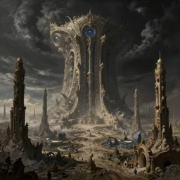 exoplanet landscape, long abandoned alien super-structure, mos eisley designed by giger, dark clouds,  abandoned organic buildings, dream-like heavy atmosphere, baroque painting, beautiful detailed intricate insanely detailed octane render trending on Artstation, 8K artistic photography, photorealistic, dramatic volumetric cinematic light, chiaroscuro, award-winning photograph, masterpiece, Raphael, Caravaggio, Beksinski, Giger