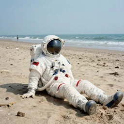 1 9 9 0 color photo portrait of an astronaut suits discarded on the beach, summer, daylight, long - shot, cinematic tone,