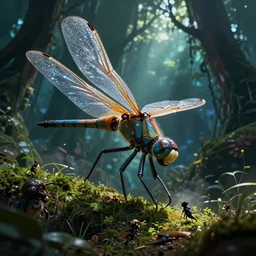 dramatic angle on stylised giant dragonfly with few element of cyberpunk armor attacking very tiny dark creatures in fantasy jungle, by moebius!!!!, victo ngai!!!!, cinematic view!!!, dynamic lighting, night mood!!!!