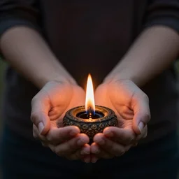 A woman's hands holding a small, purifying, sacred flame