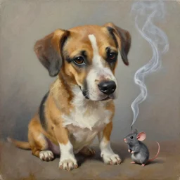 dog and mouse smoking, dirtbag portrait, oil on canvas