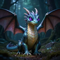 brightly lit fairy dragon in a dim dark forest purple fly eyes 4 k path traced high definition detailed artstation realistic trending dramatic lighting