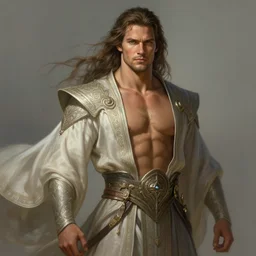 photo portrait of sam heughan as a warrior, long hair, flowing robes, fit, handsome, upper body, muscular, fantasy, intricate, elegant, highly detailed, digital painting, artstation, concept art, smooth, sharp focus, illustration, art by gaston bussiere and greg rutkowski