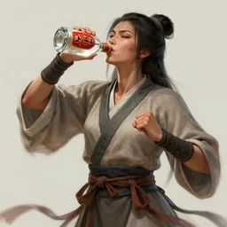 full portrait of a female monk drinking a bottle of baijiu by wlop, wuxia, xianxia, drunken boxing, drunken fist, drunken master, weathered olive skin, athletic, playful, fully clothed, monk's robe, baijiu, chinese liquor, detailed, realistic, anatomically accurate, fantasy illustration, artstation, wlop.
