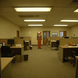 Liminal space with a clown, the backrooms, office/thrift store/social hall, carpet, abandoned, poor fluorescent lighting, yellow tint, security camera footage, low resolution