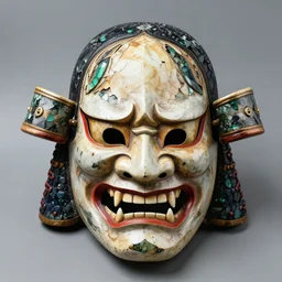 symmetrical product photograph of a highly detailed ominous samurai mask made from fragmented bone and obsidian, angry