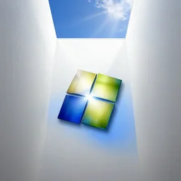 a highly detailed 4 k photograph of the windows xp bliss wallpaper inside of a giant, towering room with white walls and no roof exposing the blue sky pouring in sunlight, an award winning photoshop creation. h 5 7 6