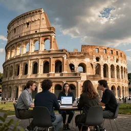 askdata team working on a startup idea in rome, with the colosseum as background