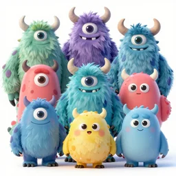 concept sheet of cute colorful 3 d family monster characters for kids assisting a concept machine style by miyazaki, big eyes, simple smooth shapes and forms, reflective like candy, masterpiece, award - winning, intricate concept art, 8 k, artstation