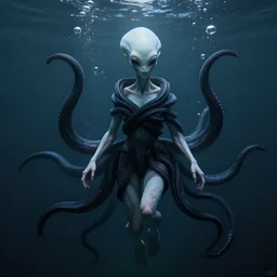 a beautiful pale humanoid alien, wrapped in black tentacles, floating in water, bubbles rising, photo realistic, fantasy art, volumetric lighting, by charlie bowater, by karol bak