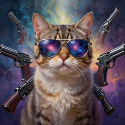 hyperrealistic painting of a cat with galaxy glasses, surrounded by guns, abstract background, mystical light 8 k octane render, unreal engine, highly detailed