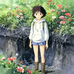 anime movie scene, mamoru oshii, otomo, ultra wide, vanishing point, hoody woman explorer, watercolor, spiderwebs, flowers, dripping, sewer pipe entrance, waterfall, sun beam, dusty volumetric light, back lit, paper texture, puddles, deserted shinjuku junk, brutalist, golden ratio