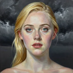 professional painting of Elle Fanning in the style of Octavio Ocampo, head and shoulders portrait, symmetrical facial features, smooth, sharp focus, illustration, intricate, stormy weather, extremely detailed masterpiece,