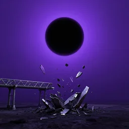 a dark matter of purple sky with a black sun falls to the ground and breaks into fragments, metallic bridge, futurism, schizophrenia, hyperrealistic fall