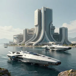 Spaceships under a lake, brutalism architecture, futuristic design, by Sparth.