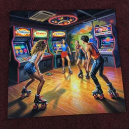 an airbrush painting of an elaborate hidden object scene on the carpet of a roller rink arcade by destiny womack, gregoire boonzaier, harrison fisher, richard dadd