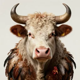 a hyper detailed full face portrait of a anthropomorphic joaquin phoenix!!!!!!! as the king of animals, ( ( cow ) ) horns, ( ( ( pig nose ) ) ), sheep wool, chicken! feathers!!!!, horror, by anna podedworna, by miklos ligeti, by diego maricato, by taran