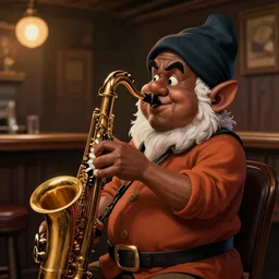 picture of a jazz playing dwarf in a pub, male, black skin, saxophone, face details, shapely, extremely detailed, smooth, sharp focus, digital illustration, by artgerm, rossdraws, sakimichan