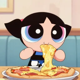 buttercup eating pizza, 4 k, powerpuff girls style, highly detailed, animation