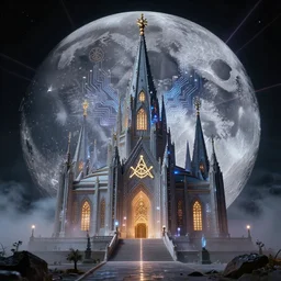 masonic temple on the moon, technology and magick, circuitry and sigils combined, photorealistic, royo, frazetta, leds, dust, laser light, crystalline shimmers, chaos, complexity, emergence,