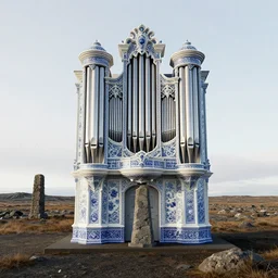 a detailed modeling of an isolated lonely large porcelain pipe organ in the middle of an icelandic plain, intertwined with a lone stone pillar, trending on artstation, render, 3 d, octane, 4 k, 8 k, unreal engine, cinema 4 d, baroque, art deco,