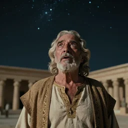 film still of 80 year old stunned Mediterranean skinned man in ancient Canaanite looking up at the nightime sky, star filled background, Biblical epic movie