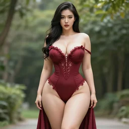 asian goddess of affection, hyper - feminine, pronounced feminine features, dommy mommy, attractive, beautiful, pronounced waist, hot and curvy, thick thighs, realistic beautiful, wide hips, pronounced chest, spectacular demonic dress, full body, natural lighting, 4 k, photography, photorealistic