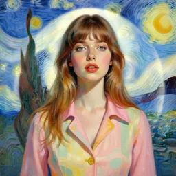 portrait of a beautiful girl, psychedelic trip, sixties clothes, pastel colors, beautiful face, rule of thirds, spotlight, drips of paint, expressive, passionate, by mandy jurgens, by vincent van gogh, digital painting