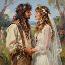 lgbt wedding in 1 9 7 0 hippie fashion, digital painting, ultradetailed, artstation, oil painting, ultradetailed, artstation