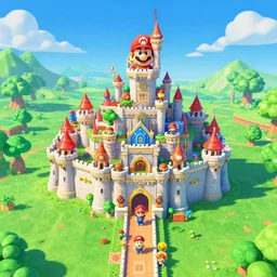 Screenshot of Mario 64 castle aerial view in the summer, 4k